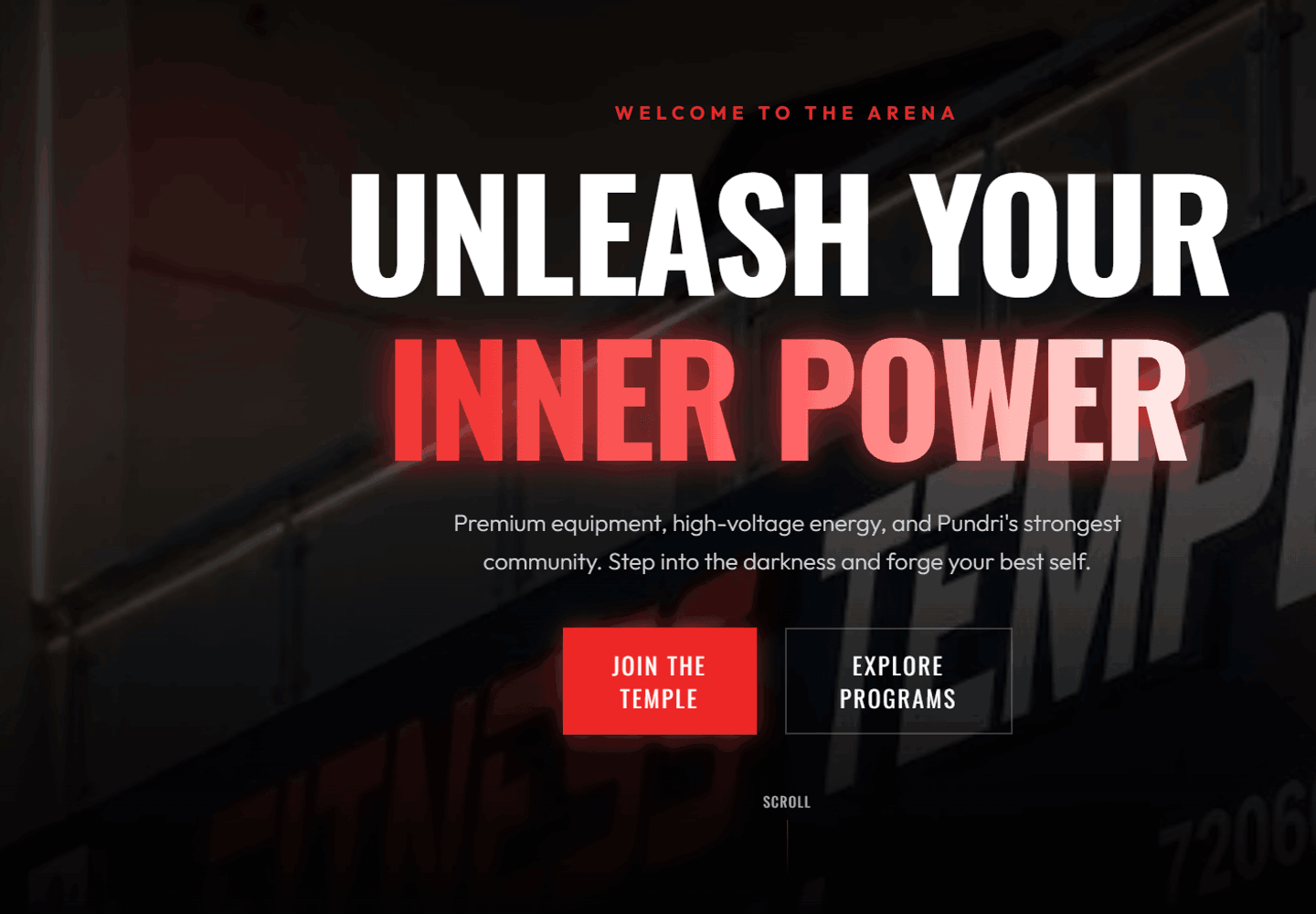 Fitness Temple gym website design hero section with Unleash Your Inner Power headline and Explore Programs CTA
