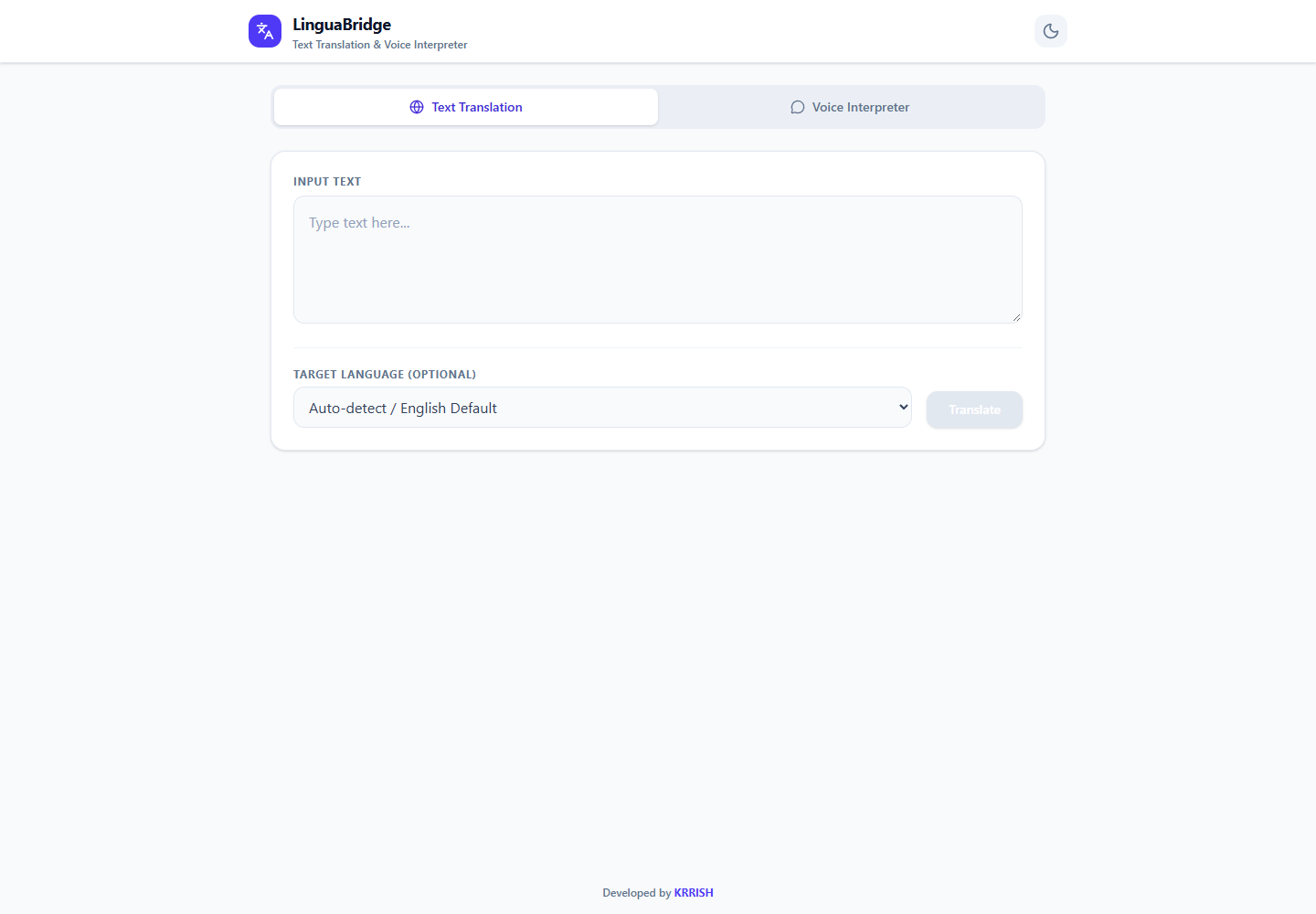 LinguaBridge - AI Translation App Showing Text Translation and Voice Interpreter Panels